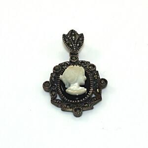Vintage Mother of Pearl Cameo Onyx Pendant, Marcasite 925 Sterling Silver